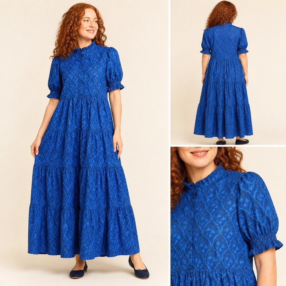 Hyacinth House Tuckernuck Bellflower Blue Tiered Cotton Maxi Dress Womens M Med